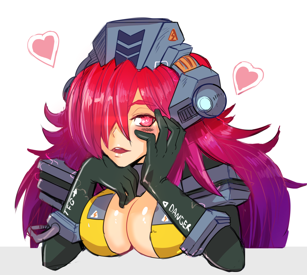 1girl, armor, blush, bodysuit, breasts, cleavage, gloves, gradient_hair