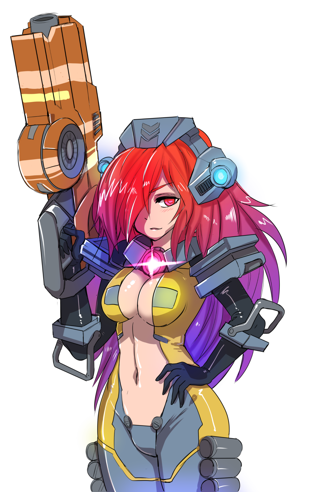 1girl, armor, bodysuit, breasts, cleavage, gloves, gradient_hair, gun