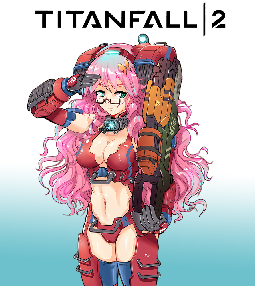 1girl, armor, backpack, bag, breasts, butterfly_on_hair, cleavage, copyright_name