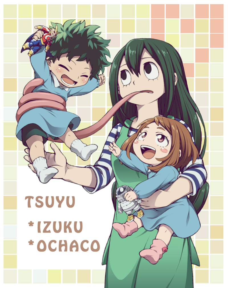 1boy, 2girls, action_figure, all_might, apron, astronaut_helmet, asui_tsuyu, blush
