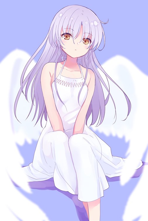 1girl, alternate_costume, angel_beats!, angel_wings, asami_yuriko, blue_background, dress, full_body