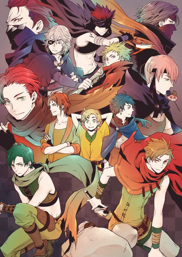 asao_(sakuya), dark_skin, eyepatch, fire_emblem, fire_emblem:_akatsuki_no_megami, fire_emblem:_kakusei, fire_emblem:_mystery_of_the_emblem, fire_emblem:_rekka_no_ken, fire_emblem:_souen_no_kiseki, fire_emblem_if, gaia_(fire_emblem), gloves, green_eyes, jaffar_(fire_emblem), long_hair, looking_at_viewer, male_focus, matthew, multiple_boys, red_eyes, smile, sothe, white_hair, white_skin