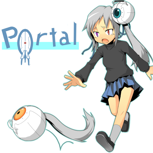 glados, glados-tan, heterochromia, nekomura, personification, portal, silver_hair, skirt, spoilers