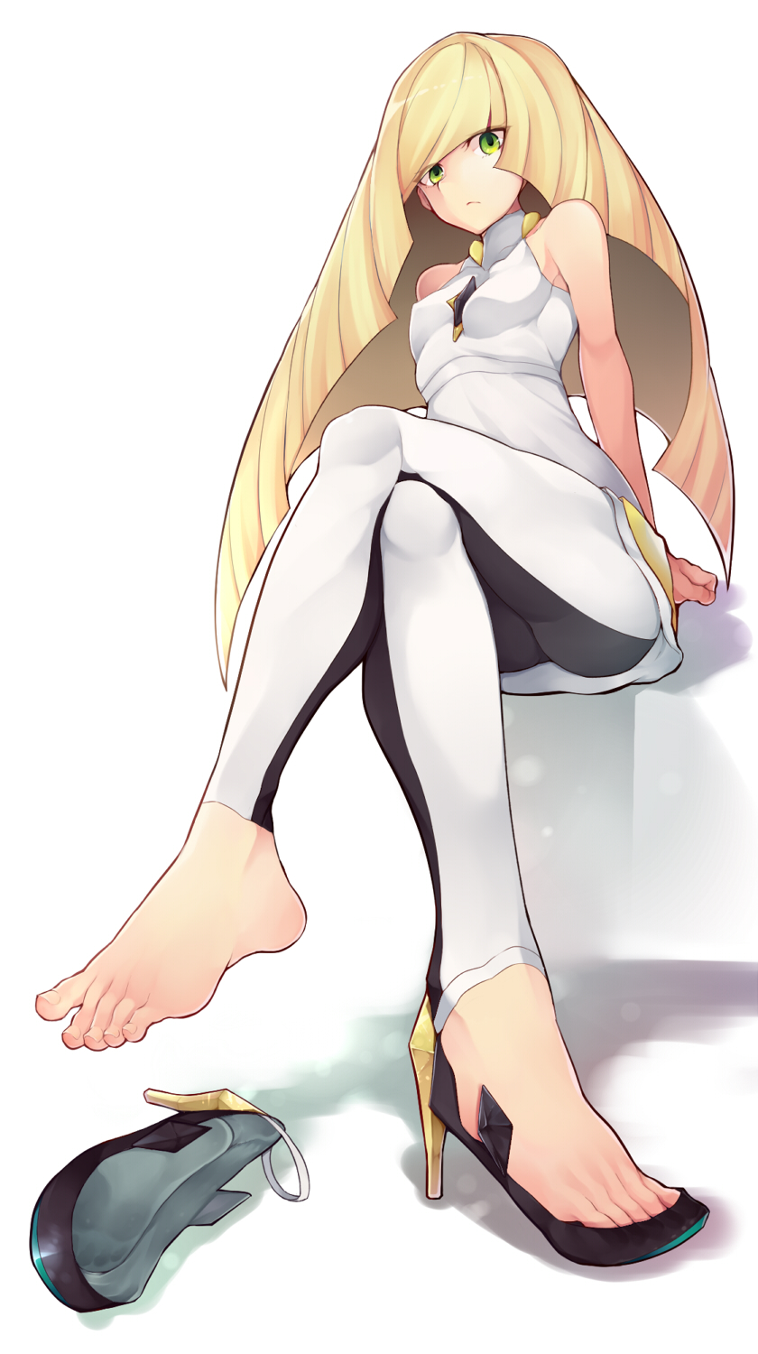 1girl, barefoot, batatata77, blonde_hair, dress, feet, full_body, green_eyes
