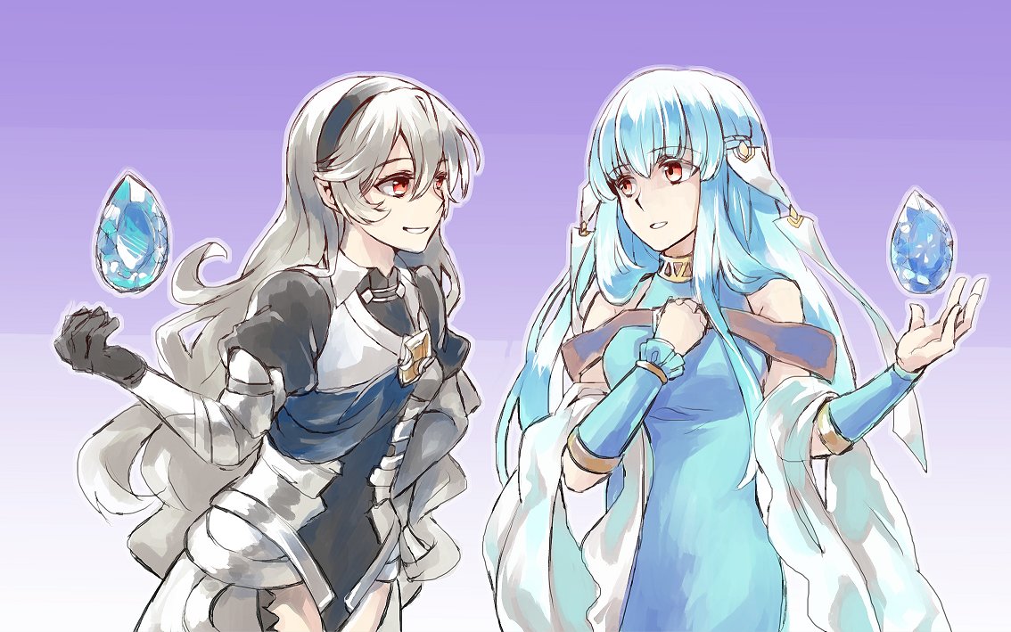 2girls, armor, bare_shoulders, blue_hair, cape, dress, female_my_unit_(fire_emblem_if), fire_emblem