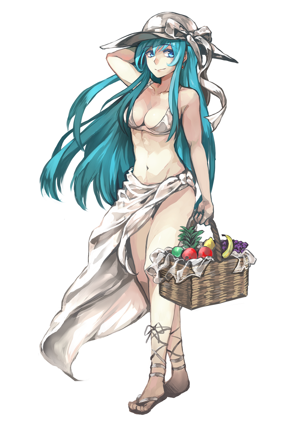 1girl, apple, banana, basket, belly_button, bikini, blue_eyes, blue_hair, breasts, cute, eirika, fire_emblem, fire_emblem:_seima_no_kouseki, fire_emblem_heroes, fruit, full_body, grapes, hat, highres, intelligent_systems, jin_(phoenixpear), lemon, long_hair, looking_at_viewer, navel, nintendo, pear, pineapple, ribbon, smile, solo, swimsuit, white_bikini