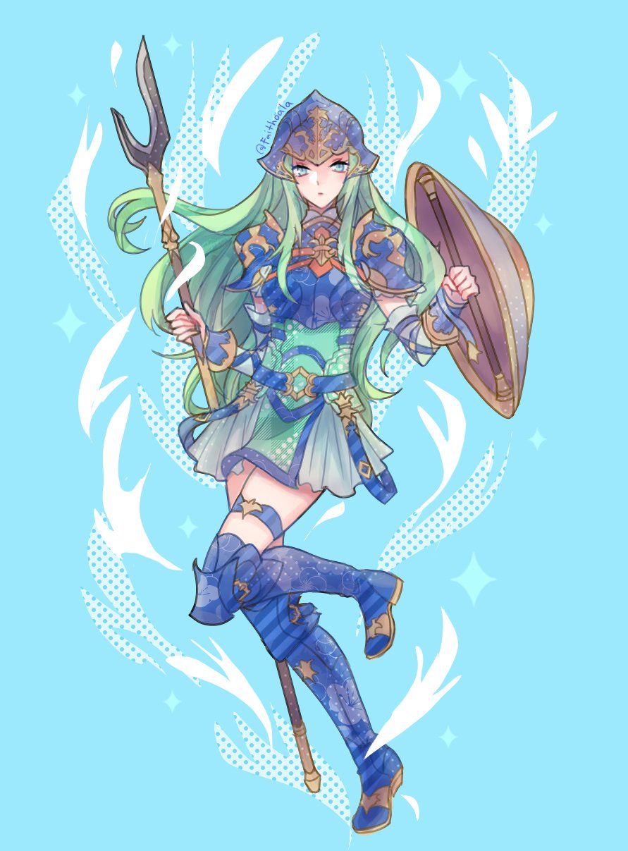 1girl, armor, belt, blue_eyes, boots, breastplate, detached_sleeves, faithoala
