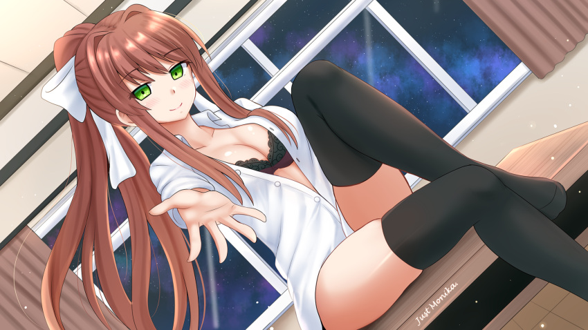 1girl, black_bra, bow, bra, breasts, brown_hair, cleavage, doki_doki_literature_club