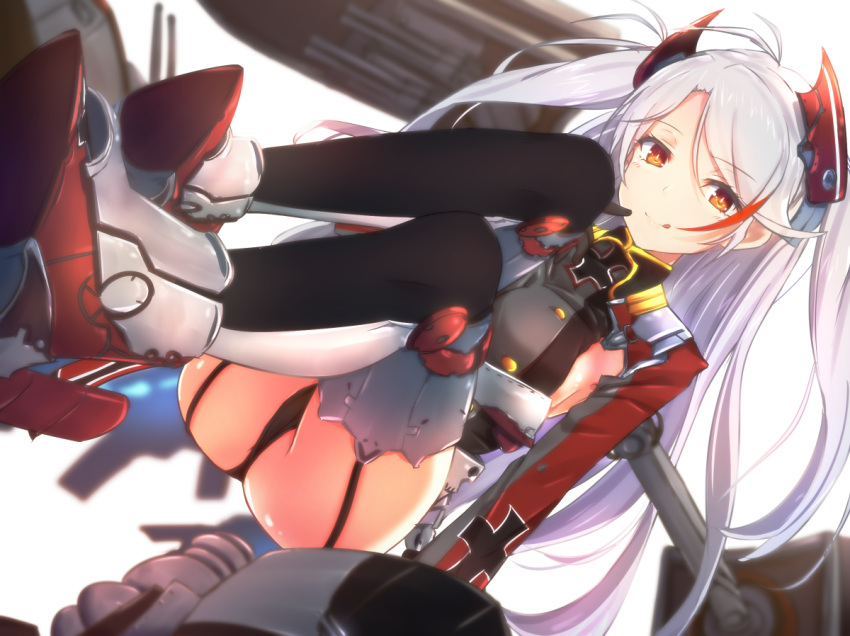 1girl, azur_lane, black_panties, breasts, cuon_(kuon), dutch_angle, garter_straps, iron_cross