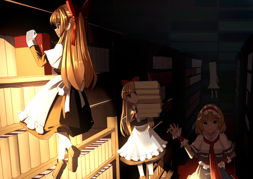 1girl, absurdres, alice_margatroid, apron, blonde_hair, blue_eyes, book, bookshelf
