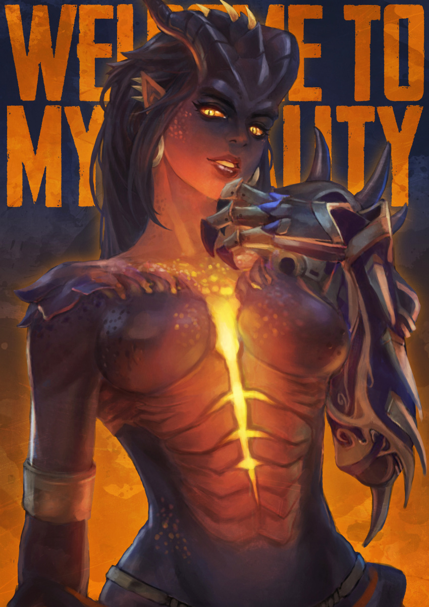 1girl, absurdres, alternate_costume, black_hair, breasts, dark_background, dragon_girl, dragon_symmetra