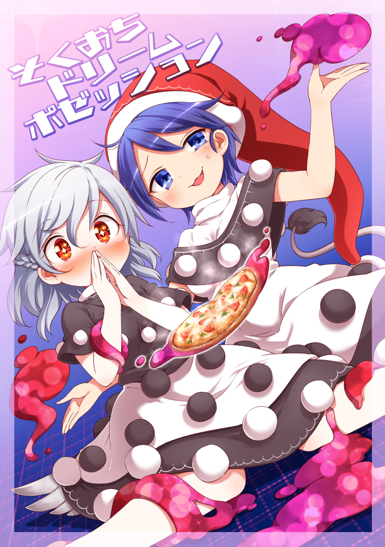 +_+, 2girls, blue_eyes, blue_hair, blush, capelet, cosplay, covering_mouth