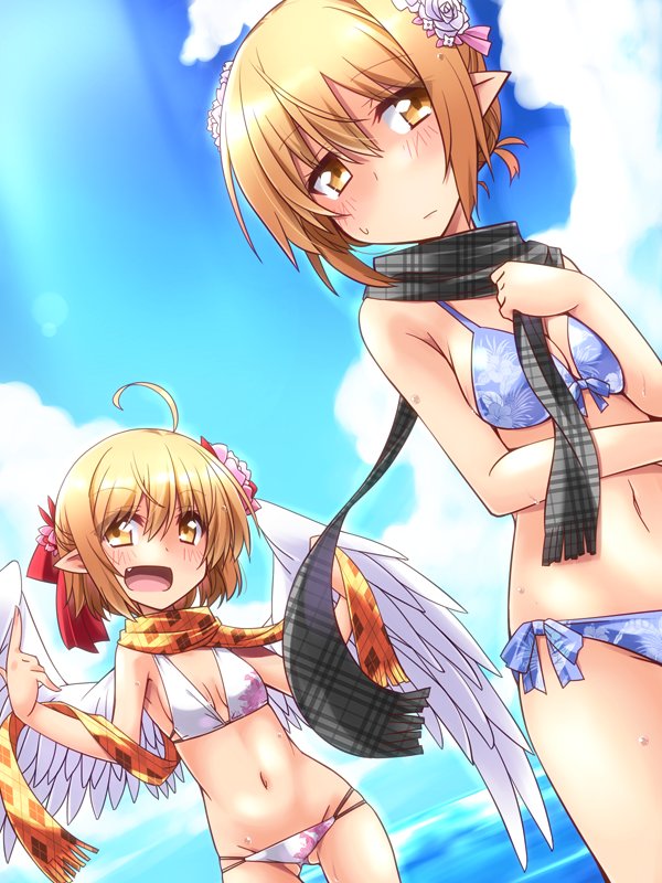 2girls, ahoge, armpits, bare_shoulders, bikini, black_scarf, blonde_hair, blue_sky