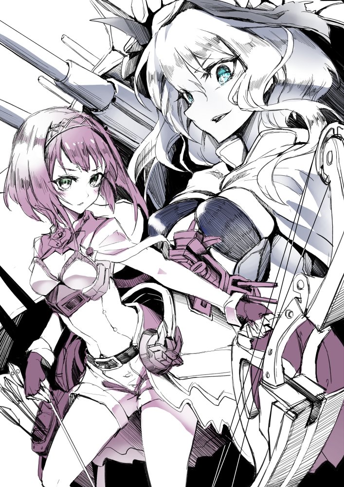 2girls, anchor, ark_royal_(kantai_collection), arrow, bangs, belt, blue_eyes, blunt_bangs, blush, bob_cut, breasts, cannon, capelet, cleavage_cutout, commentary_request, composite_bow, corset, european_hime, eyebrows_visible_through_hair, fingerless_gloves, flower, gloves, hair_between_eyes, hairband, holding, holding_arrow, holding_weapon, jacket, kantai_collection, kito_(kito2), long_sleeves, looking_at_viewer, machinery, multiple_girls, multiple_monochrome, open_mouth, overskirt, parted_lips, quiver, ribbon, rose, shinkaisei-kan, short_hair, shorts, smile, teeth, tiara, tsurime, wavy_hair, weapon