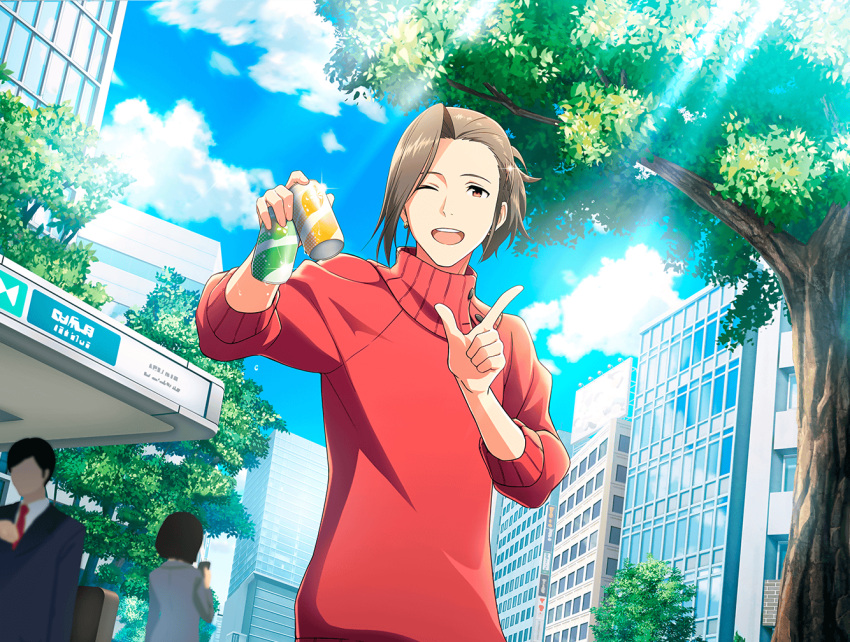 1boy, blue_sky, brown_eyes, brown_hair, building, can, game_cg, idolmaster, idolmaster_side-m, idolmaster_side-m_live_on_stage, index_finger_raised, long_hair, male_focus, official_art, one_eye_closed, open_mouth, ponytail, red_shirt, shirt, sky, smile, soda_can, solo, sweater, turtleneck, turtleneck_sweater, upper_body, watanabe_minori