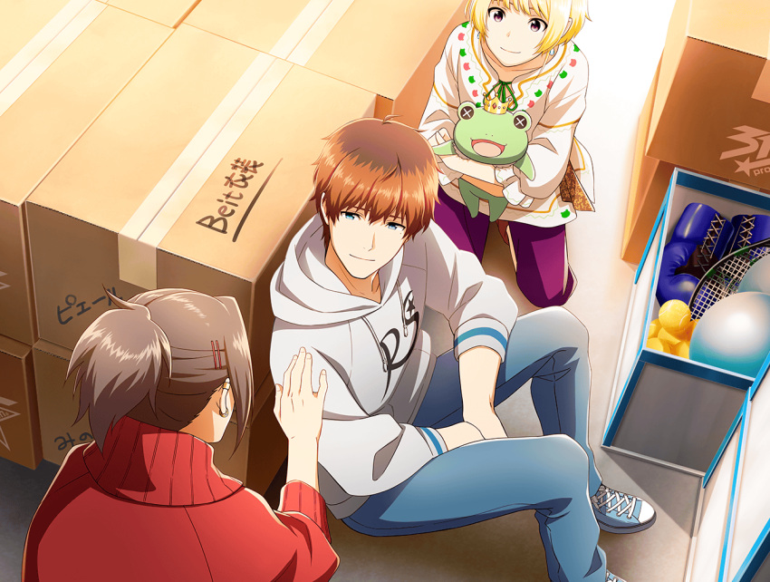 3boys, blonde_hair, blue_eyes, box, boxing_gloves, brown_eyes, brown_hair, cardboard_box