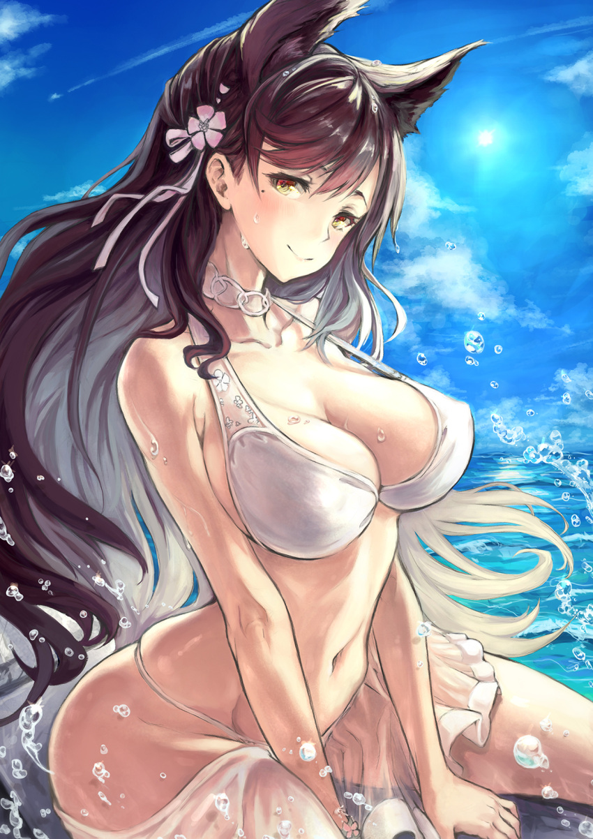 1girl, animal_ears, atago_(azur_lane), azur_lane, bangs, bikini, black_hair, blush