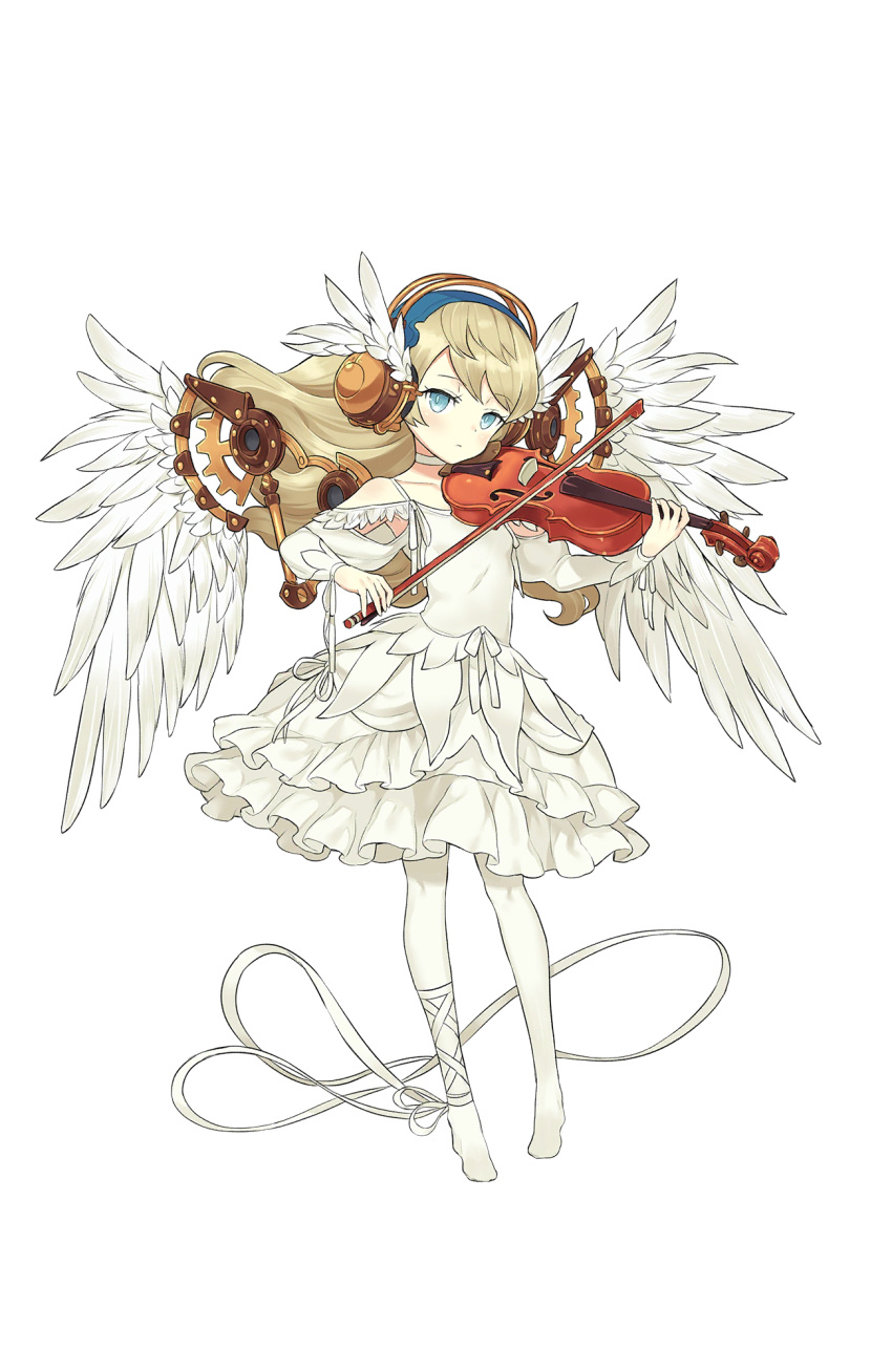 1girl, alicia_northend, blonde_hair, blue_eyes, bow_(instrument), dress, frilled_dress, frills