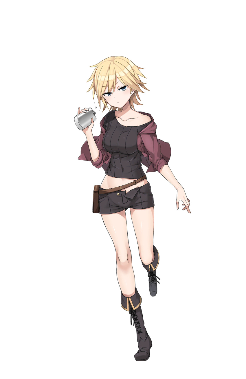 1girl, black_footwear, blonde_hair, dizzy_durand, flask, full_body, grey_eyes, groin