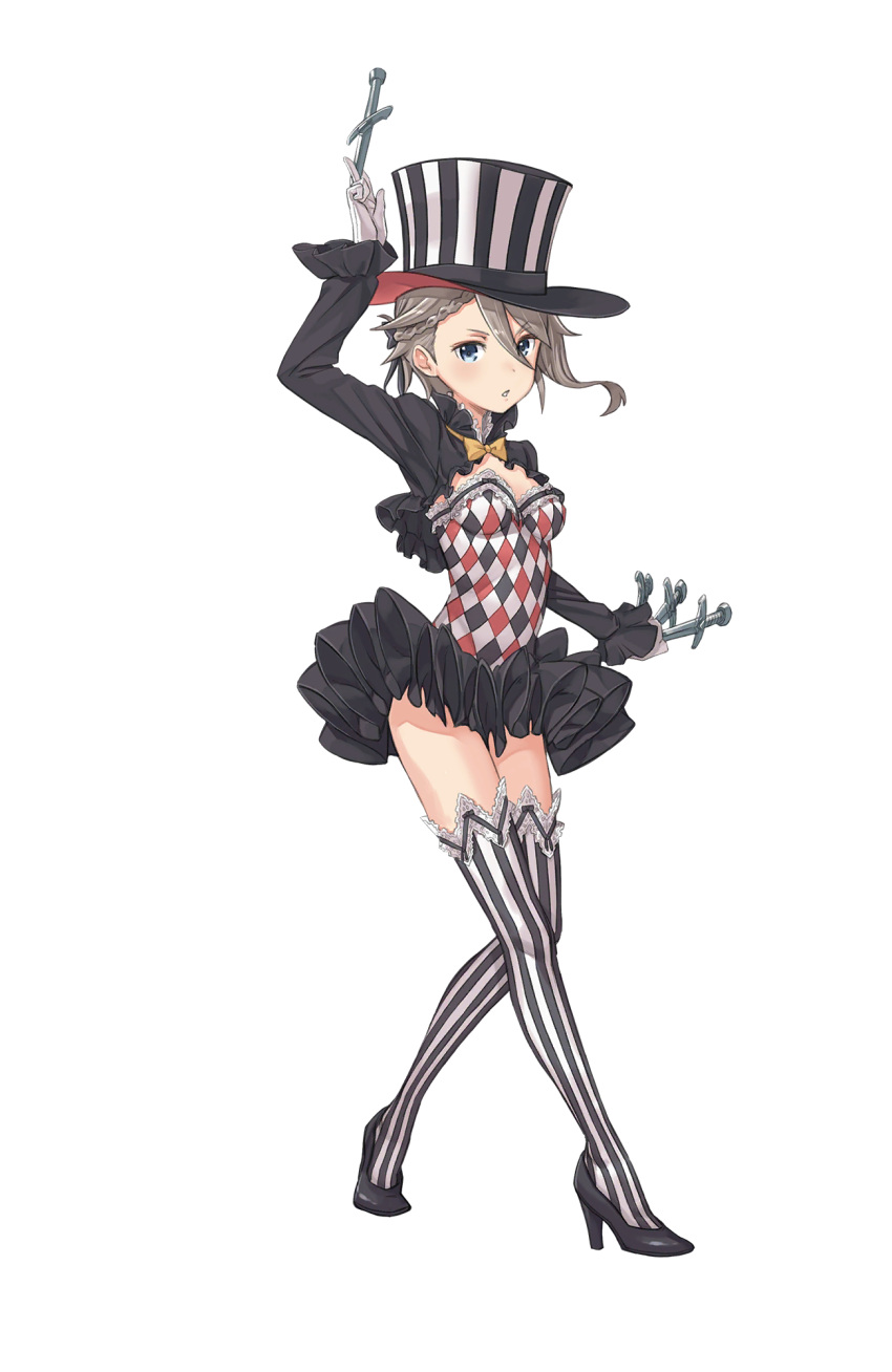 1girl, ange_(princess_principal), argyle_print, black_footwear, black_skirt, blue_eyes, braid, breasts, full_body, gloves, hat, high_heels, highres, knife, looking_at_viewer, official_art, princess_principal, princess_principal_game_of_mission, silver_hair, skirt, small_breasts, solo, standing, striped, striped_legwear, throwing_knife, top_hat, transparent_background, vertical-striped_legwear, vertical_stripes, weapon, white_gloves