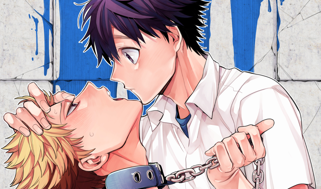 2boys, black_hair, blue_eyes, brown_hair, chains, closed_mouth, collar, eye_contact, leash, leash_pull, looking_at_another, male_focus, mitsuya_bonjin, multiple_boys, open_mouth, original, yaoi