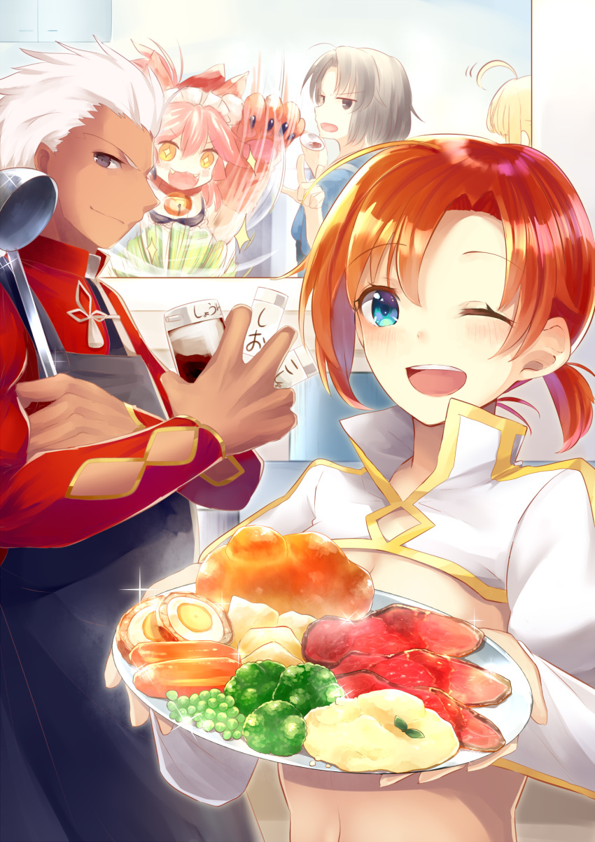 1boy, 3girls, :d, ahoge, animal_ears, apron, archer, artoria_pendragon_(all)