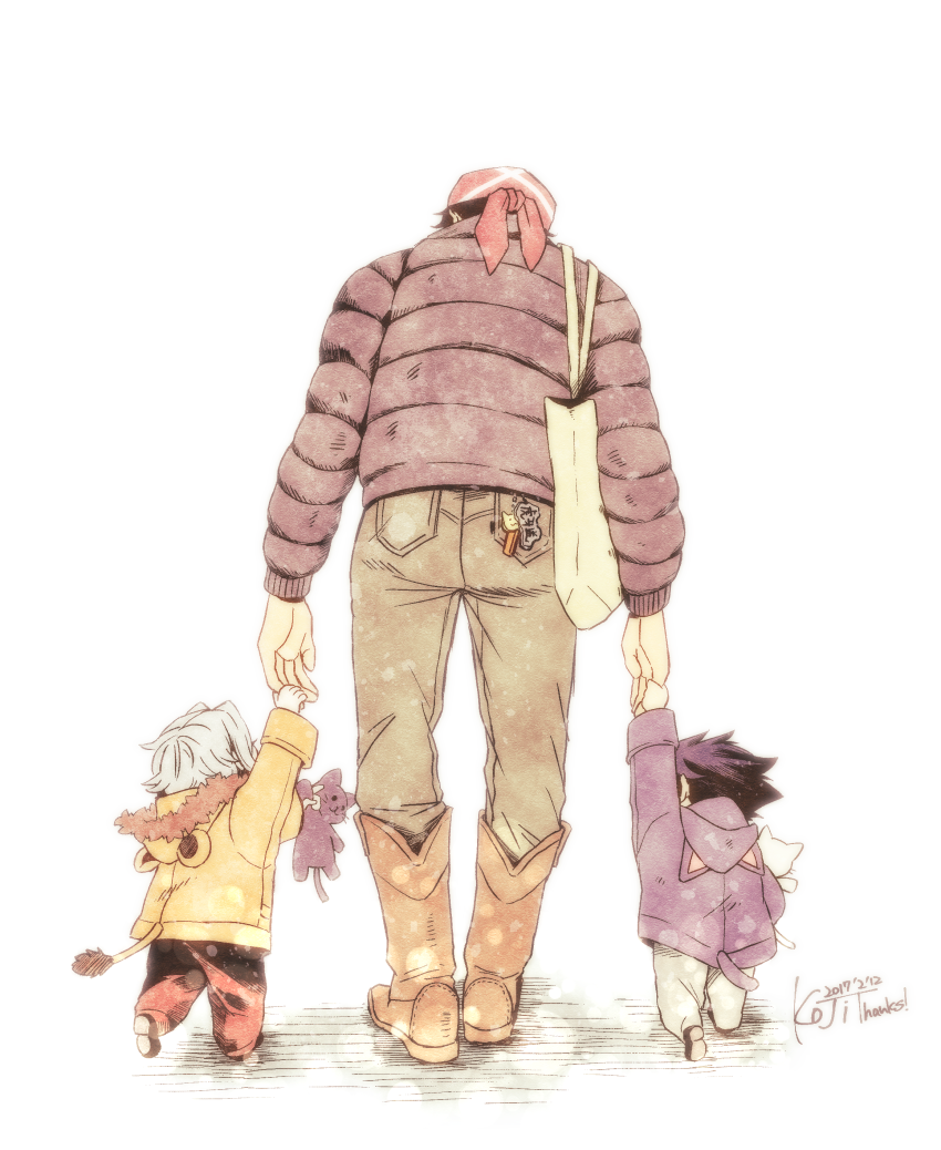 3boys, animal_hood, bandanna, blue_hair, boots, cat_hood, enjouji_michiru, fatherly