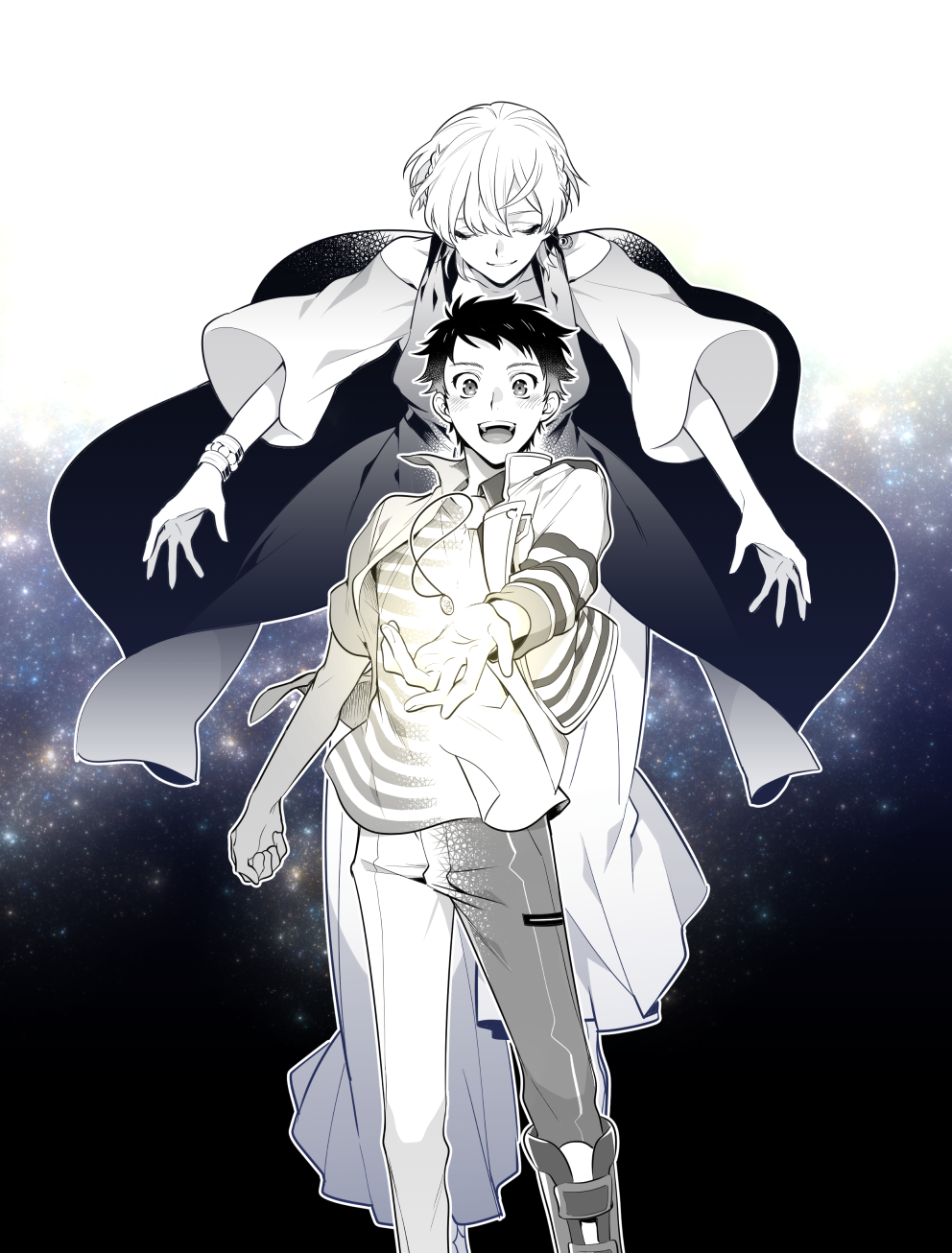 2boys, androgynous, blush, boots, bracelet, closed_eyes, greyscale, highres