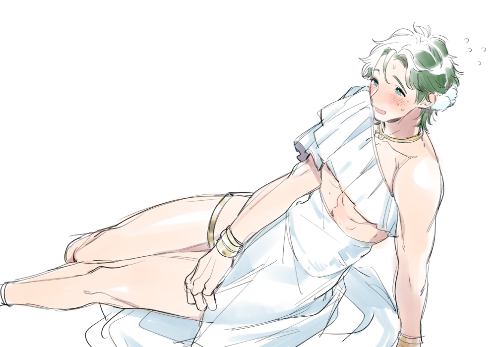 1boy, arm_support, asymmetrical_sleeves, blue_eyes, blush, collarbone, crossdressinging, dress