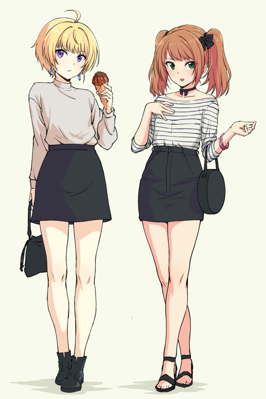 2boys, blonde_hair, blush, brown_hair, casual, choker, crossdressinging, full_body, green_eyes, highres, idolmaster, idolmaster_side-m, looking_at_viewer, male_focus, mizushima_saki, multiple_boys, pas_(paxiti), pierre_(idolmaster), ribbon_choker, simple_background, skirt, standing, trap, violet_eyes, yellow_background