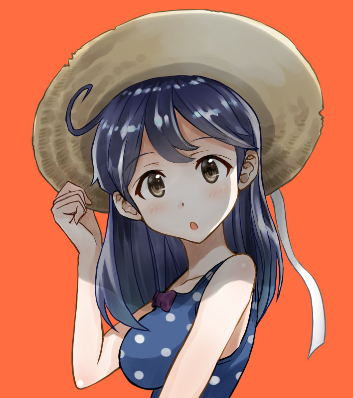 1girl, ahoge, akito_(pixiv3623507), alternate_costume, arm_at_side, arm_up, bangs, bare_arms, bare_shoulders, blue_hair, blush, breasts, brown_eyes, collarbone, eyebrows_visible_through_hair, from_side, hand_on_headwear, hat, kantai_collection, long_hair, looking_at_viewer, medium_breasts, open_mouth, orange_background, polka_dot, polka_dot_swimsuit, purple_ribbon, ribbon, sidelocks, solo, straw_hat, swimsuit, upper_body, ushio_(kantai_collection)