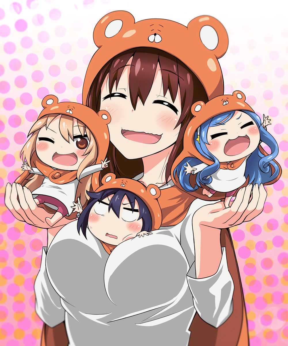 >_<, 4girls, :3, :d, ;d, ^_^, between_breasts, black_hair