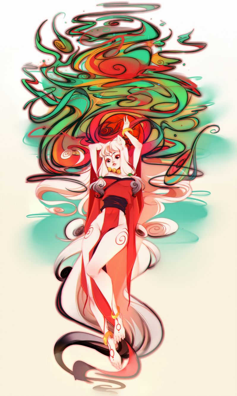 1girl, absurdly_long_hair, amaterasu, animal_ears, anklet, barefoot, breasts, capcom