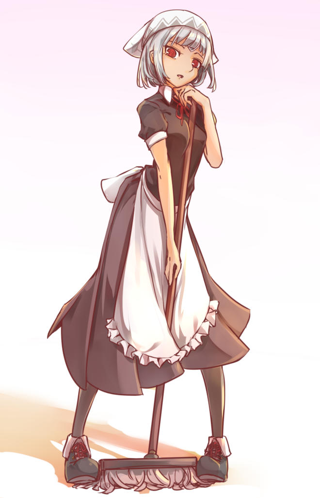 1girl, altera_(fate), apron, black_legwear, boots, breasts, dark_skin, e__mishi, fate/grand_order, fate_(series), grey_hair, looking_at_viewer, mop, open_mouth, red_eyes, short_hair, solo