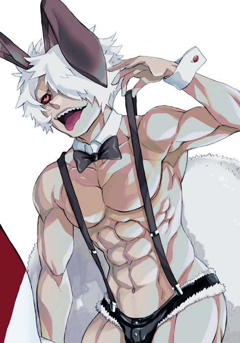 1boy, abs, animal_ears, black_neckwear, black_sclera, bow, bowtie, bunny_tail