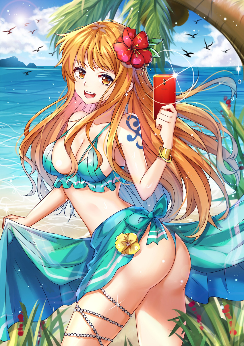 1girl, absurdres, arched_back, ass, beach, bird, bra, bracelet, breasts, cellphone, cleavage, clouds, cloudy_sky, collarbone, commentary_request, dress, earrings, flower, frilled_bra, frills, from_side, gejigejier, grass, hair_flower, hair_ornament, highres, hips, holding, jewelry, leaning_forward, long_hair, looking_at_viewer, medium_breasts, mountain, nami_(one_piece), ocean, one_piece, open_mouth, orange_eyes, orange_hair, outdoors, palm_tree, phone, sarong, sky, smartphone, smile, solo, sparkle, standing, swimsuit, tattoo, thighs, tree, twisted_torso, underwear