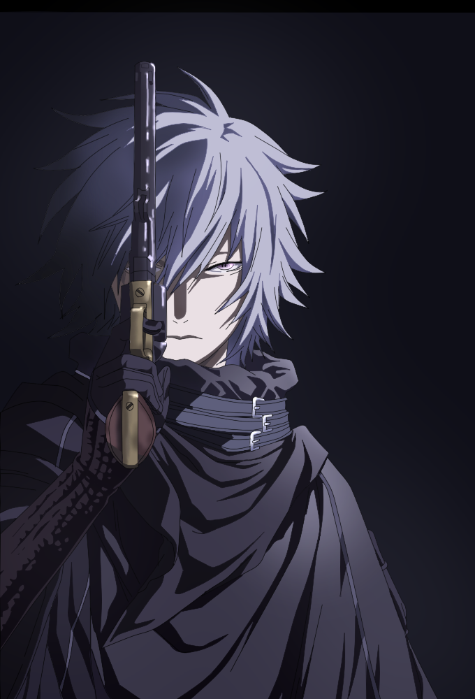 1boy, black_background, black_gloves, character_request, gloves, gun, hair_between_eyes, holding