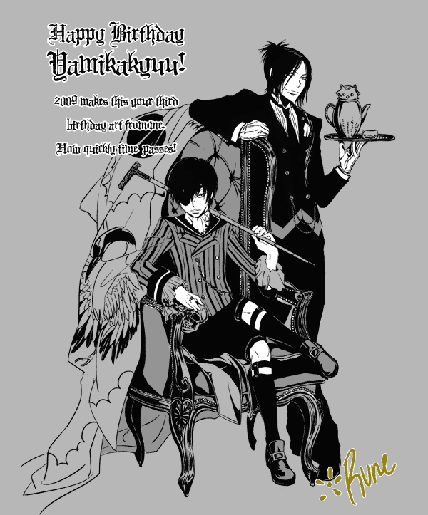 ciel_phantomhive, cosplay, full_body, greyscale, hibari_kyouya, katekyo_hitman_reborn, kuroshitsuji, male_focus