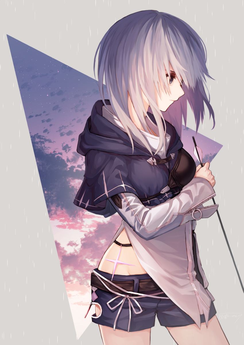 1girl, argyle, arm_at_side, arrow, bangs, black_capelet, black_shorts, breasts