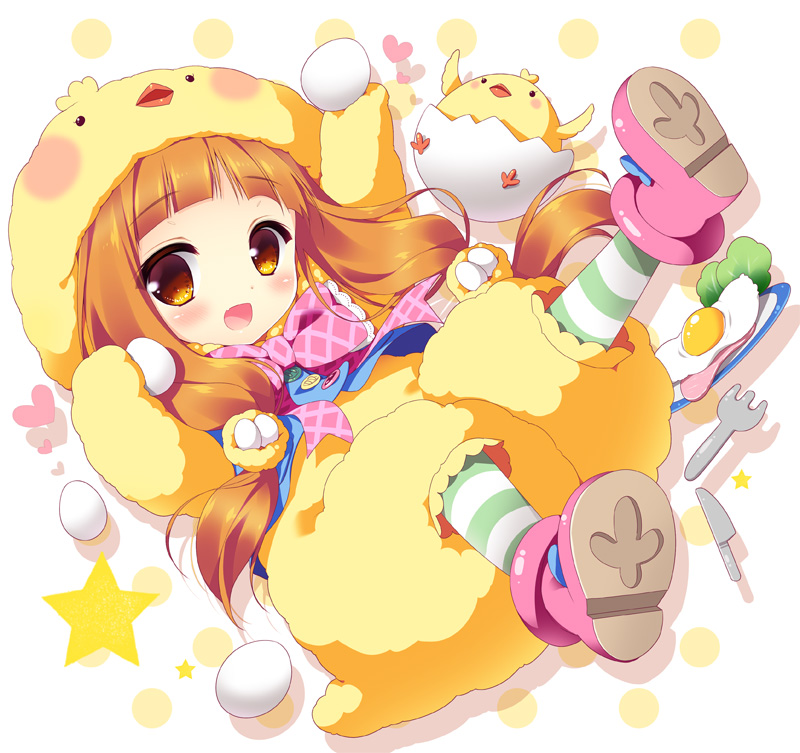 1girl, :d, animal_costume, bangs, bird, blue_vest, blunt_bangs, blush, boots, bow, bowtie, brown_eyes, brown_hair, chick, chick_costume, commentary_request, cosplay, egg, eggshell, eyebrows_visible_through_hair, fang, food, fork, full_body, hair_ornament, ham, heart, holding, holding_egg, ichihara_nina, idolmaster, idolmaster_cinderella_girls, kigurumi, knife, long_hair, looking_at_viewer, low_twintails, nest, open_mouth, pink_footwear, pink_neckwear, plaid_neckwear, plate, polka_dot, polka_dot_background, sasai_saji, smile, solo, star, striped, striped_legwear, sunny_side_up_egg, tareme, thigh-highs, twintails, very_long_hair, vest, white_background