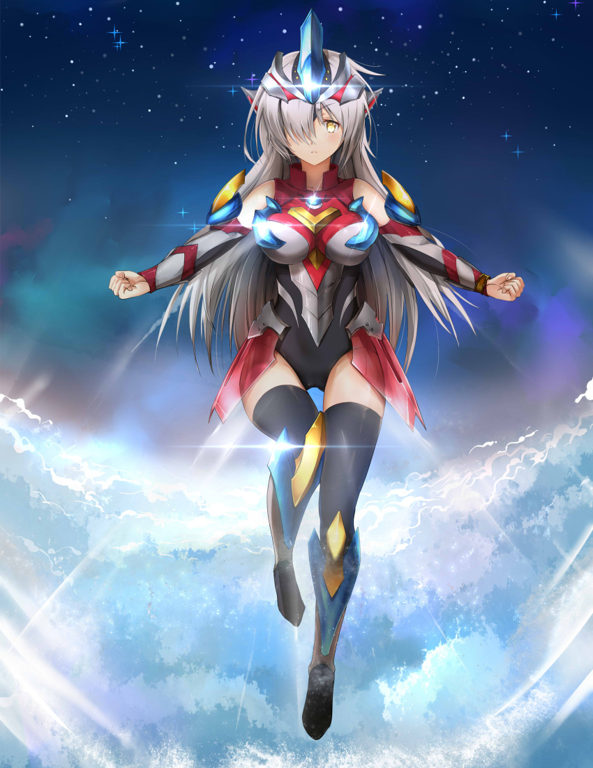 1girl, absurdres, armor, bare_shoulders, black_legwear, black_leotard, breasts, clenched_hands