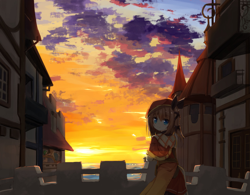 2girls, arm_rest, balcony, bangs, beret, black_ribbon, blue_eyes, brown_hair