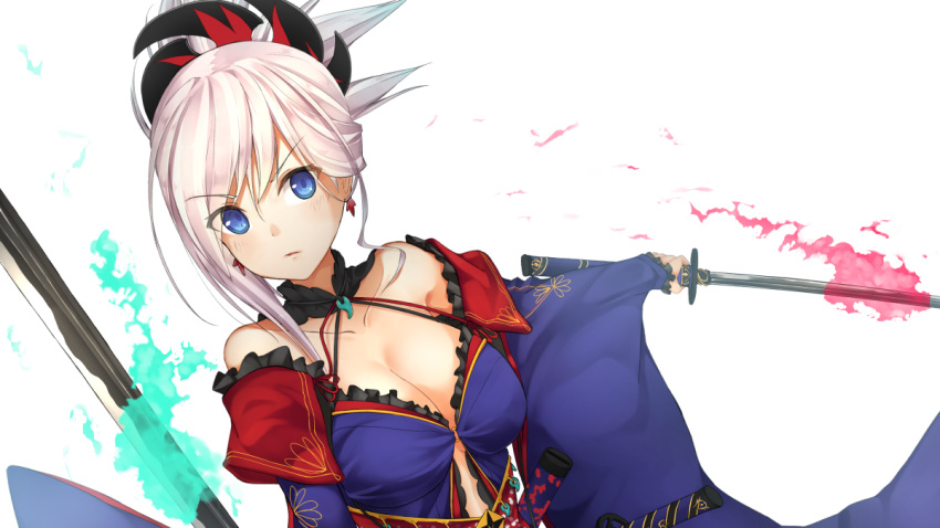 1girl, asymmetrical_hair, bare_shoulders, blue_eyes, breasts, cleavage, collarbone, detached_sleeves
