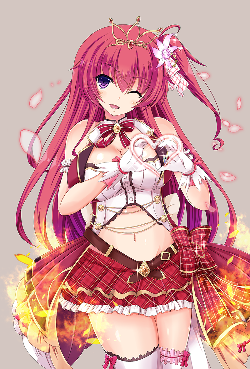 1girl, ;d, bare_shoulders, belt, bow, breasts, cattleya_(flower_knight_girl), cilfy, cleavage, cowboy_shot, flower, flower_knight_girl, gloves, grey_background, hair_flower, hair_ornament, heart, heart_hands, large_breasts, long_hair, looking_at_viewer, midriff, navel, one_eye_closed, open_mouth, orchid, plaid, plaid_bow, plaid_skirt, red_bow, red_skirt, redhead, side_ponytail, skirt, smile, solo, thigh-highs, violet_eyes, white_gloves, white_legwear