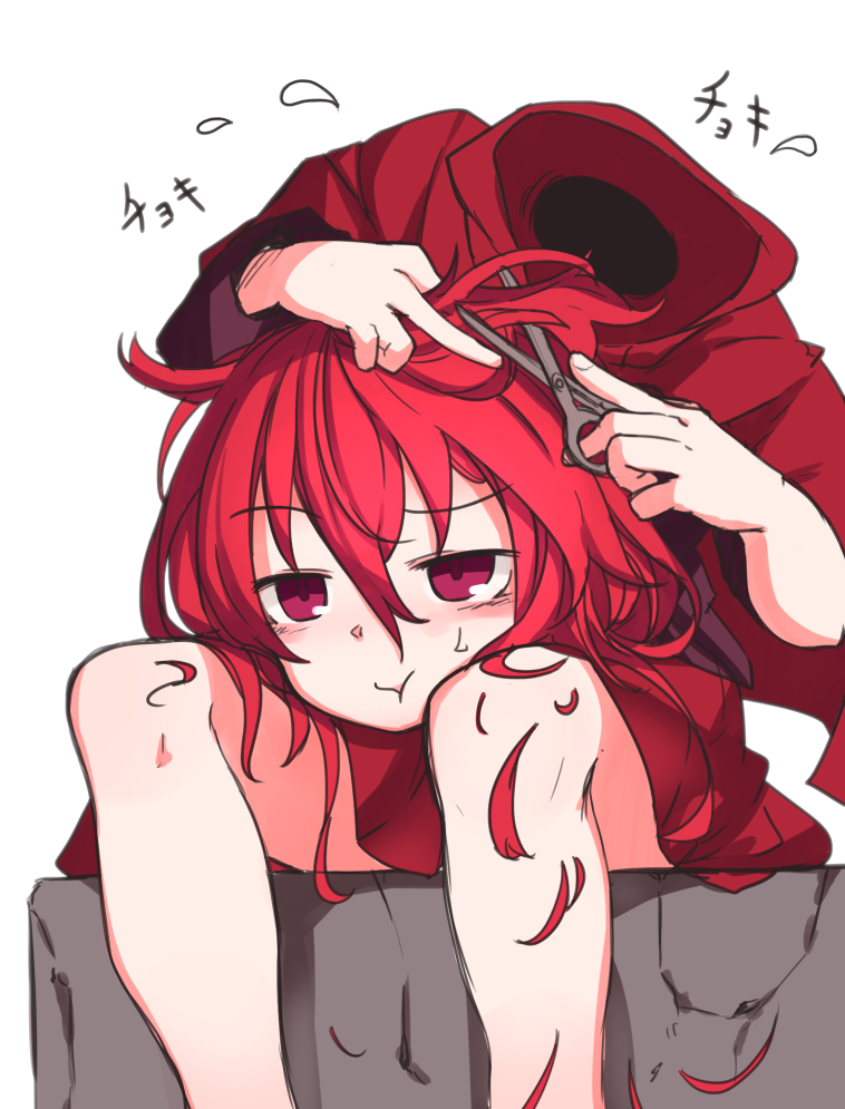1girl, bare_legs, blush, closed_mouth, cutting_hair, dress, eyebrows_visible_through_hair, flying_sweatdrops