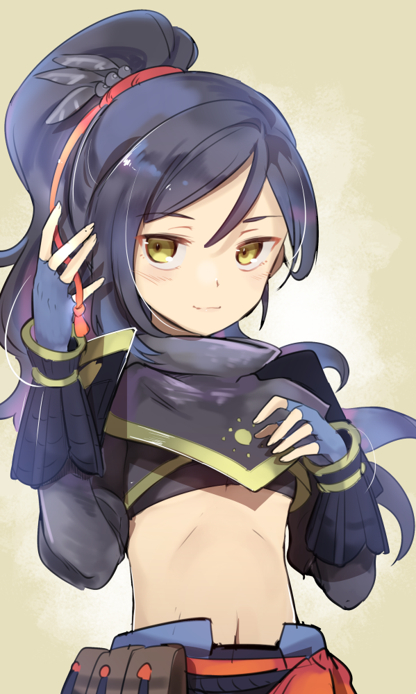 1girl, black_gloves, black_hair, fingerless_gloves, gloves, hair_between_eyes, kamaboko_red, long_hair