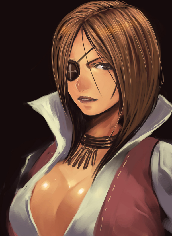 1girl, adelina_esperanza, black_background, breasts, brown_eyes, brown_hair, cleavage, eyepatch