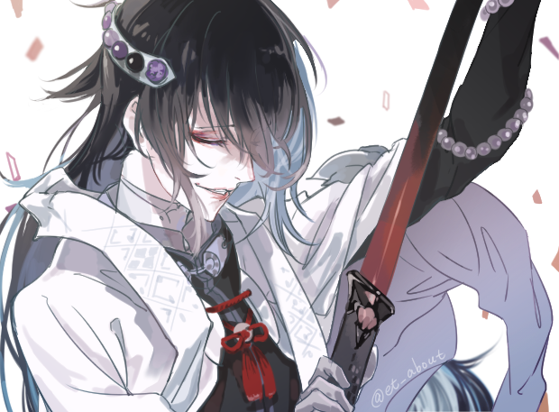 1boy, beads, black_hair, closed_eyes, fuji_(c-b-s), gloves, grin, juzumaru_tsunetsugu