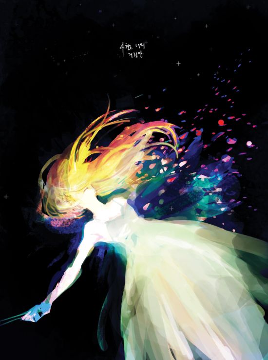 1girl, blonde_hair, cherry_blossoms, dissolving, dress, faceless, faceless_female, korean, miyazono_kawori, namoon, shigatsu_wa_kimi_no_uso, spoilers, translation_request, white_dress