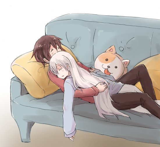 2girls, bangs, black_hair, closed_eyes, couch, cushion, hand_in_another's_hair, hand_in_hair